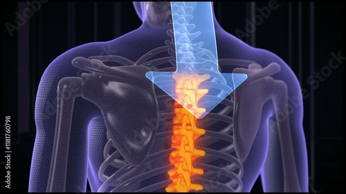 Animation of abstract arrow that cure back pain. Focused on spine. Futuristic background 
