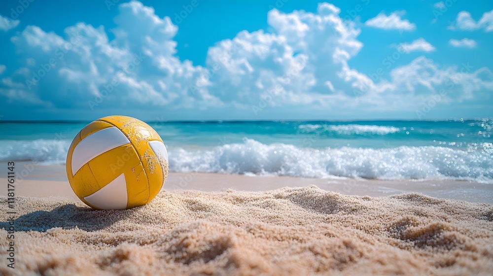 Beach volleyball setting features pristine sandy beach against vibrant blue sky with white clouds, bordered by crystal clear turquoise waves and golden sand textures. Beach volleyball setting features pristine sandy beach against vibrant blue sky with white clouds, bordered by crystal clear turquoise waves and golden sand textures.