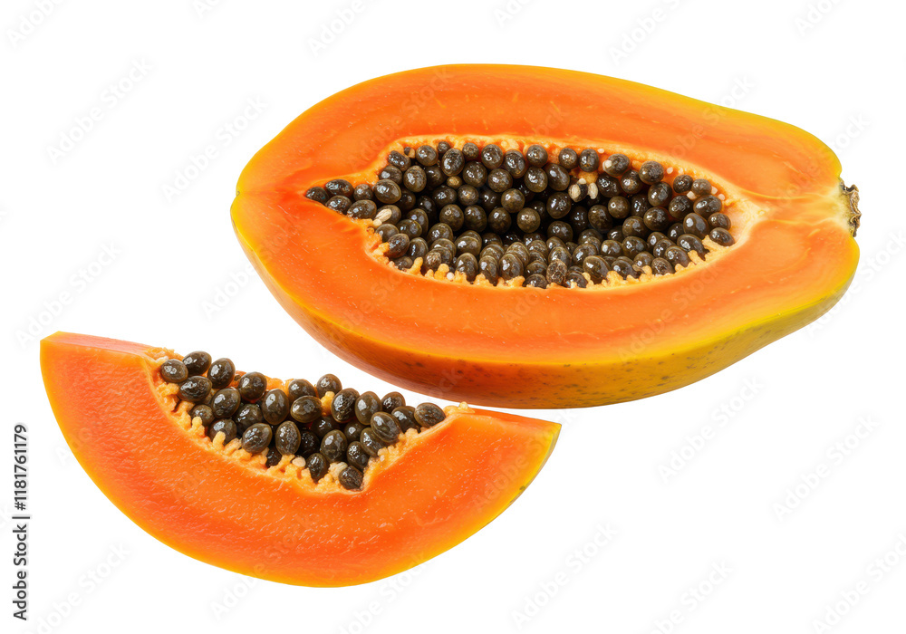 A papaya with a slice showing black seeds, isolated on white background A papaya with a slice showing black seeds, isolated on white background