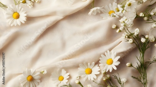 Flat lay of fresh daisies on beige linen. photo