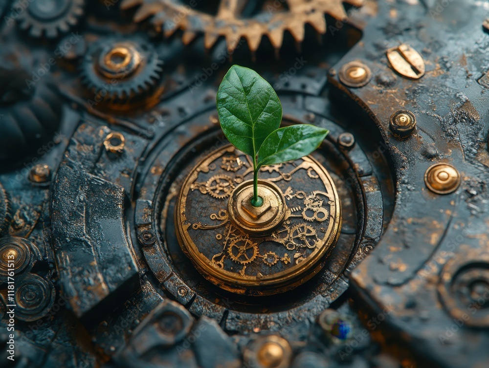 Fototapeta premium A tiny sprout emerges from intricate clockwork gears, a captivating image symbolizing the delicate balance of life's cycle, the mechanical nature of time, and the enduring power of growth against the