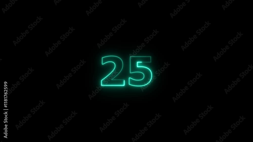 Abstract glowing neon text 25 number countdown icon. Neon numeric number 25 animation.