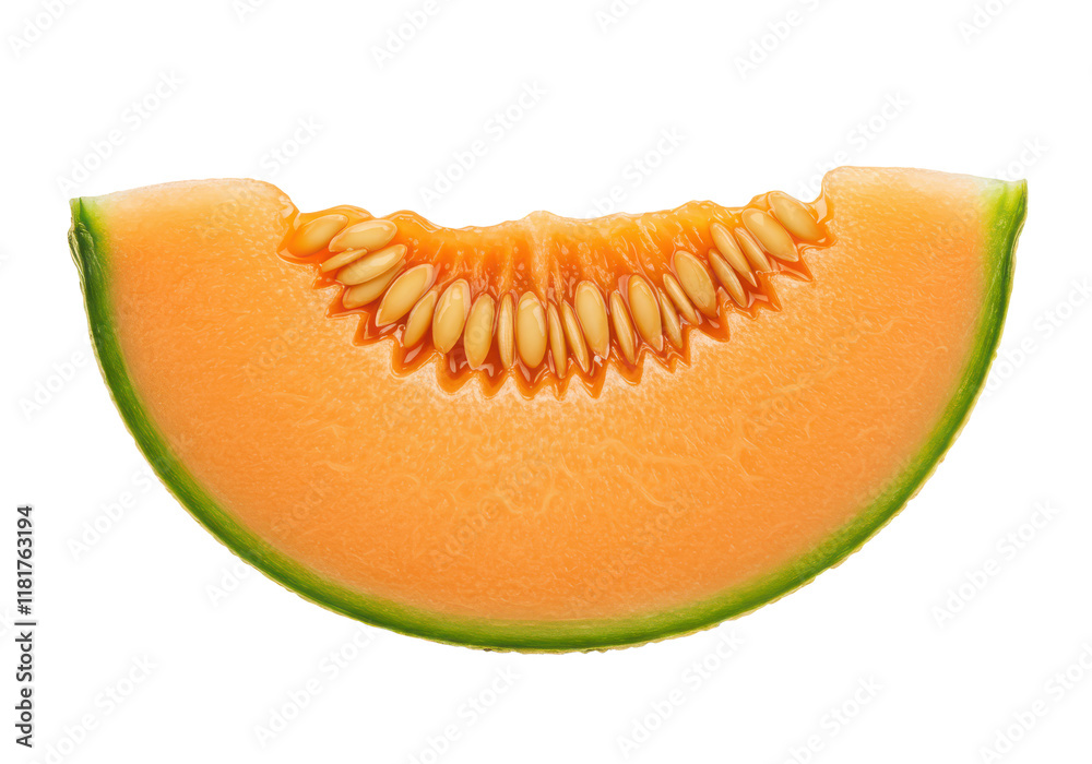 A cantaloupe slice showing the orange flesh, isolated on white background, no depth of field, sharp. A cantaloupe slice showing the orange flesh, isolated on white background, no depth of field, sharp.