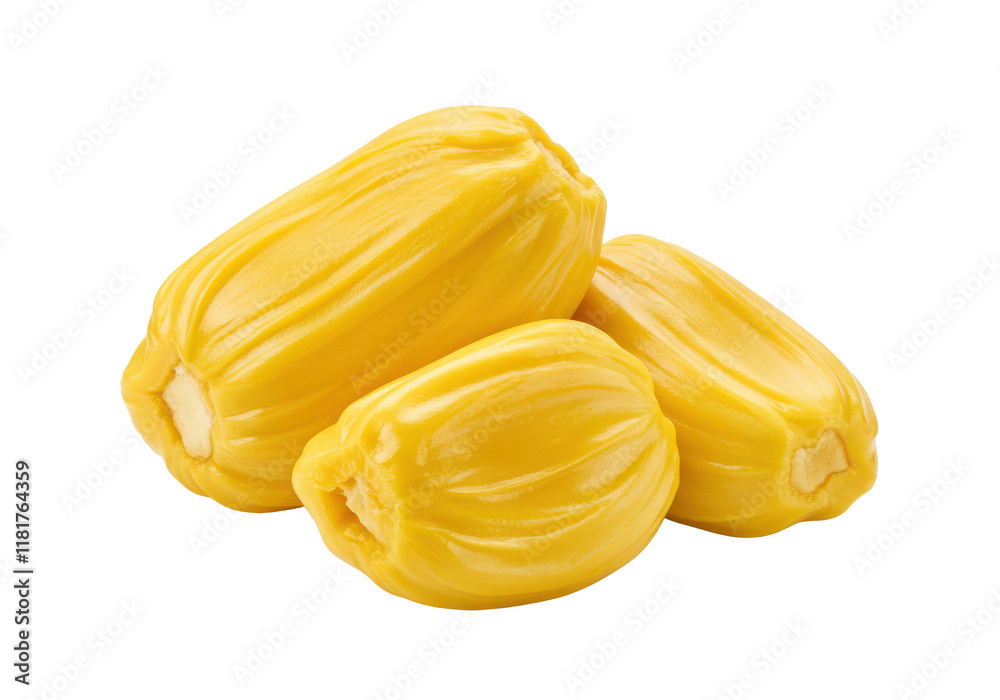 A piece of jackfruit with visible yellow bulbs, isolated on white background, no depth of field, sharp. A piece of jackfruit with visible yellow bulbs, isolated on white background, no depth of field, sharp.
