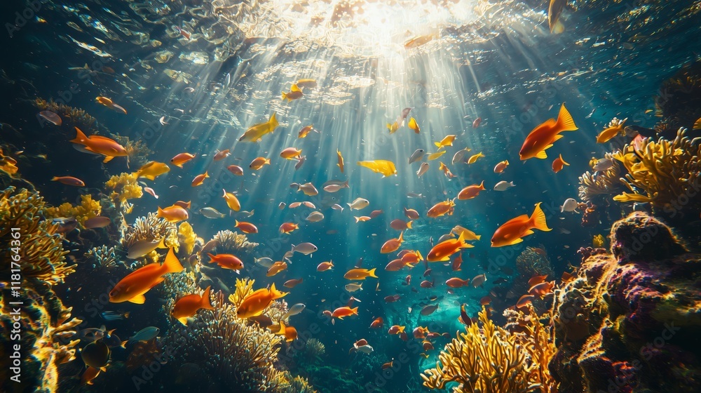 Naklejka premium Colorful Underwater Scene with Tropical Fish and Coral Reef