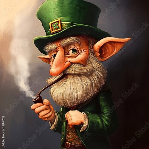 A leprechaun with a green hat, a long beard, and a pipe emitting smoke, exuding a traditional Irish folklore vibe