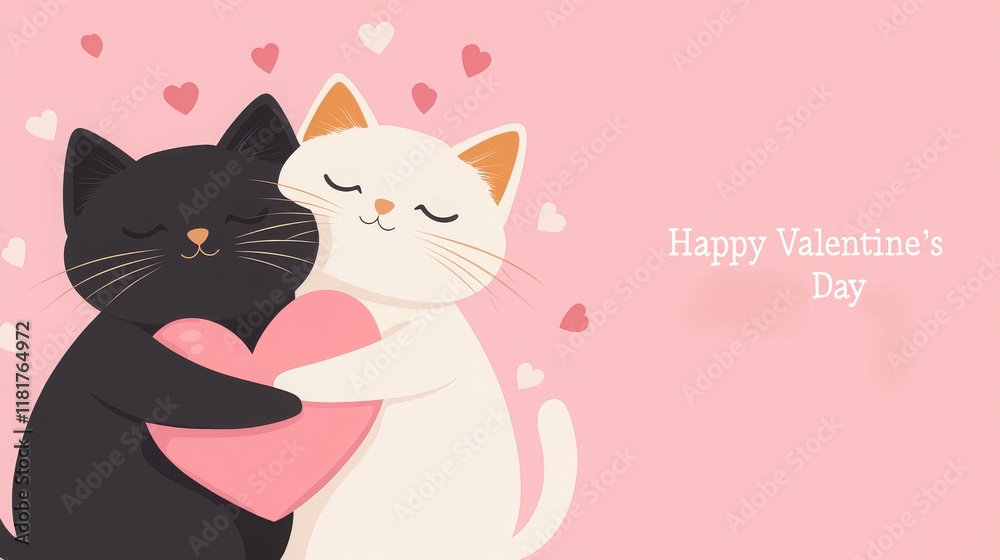 Valentine backgrounds feature charming pets. Cute cats hugging with hearts on a pink background for Valentine's Day. Valentine backgrounds feature charming pets. Cute cats hugging with hearts on a pink background for Valentine's Day.