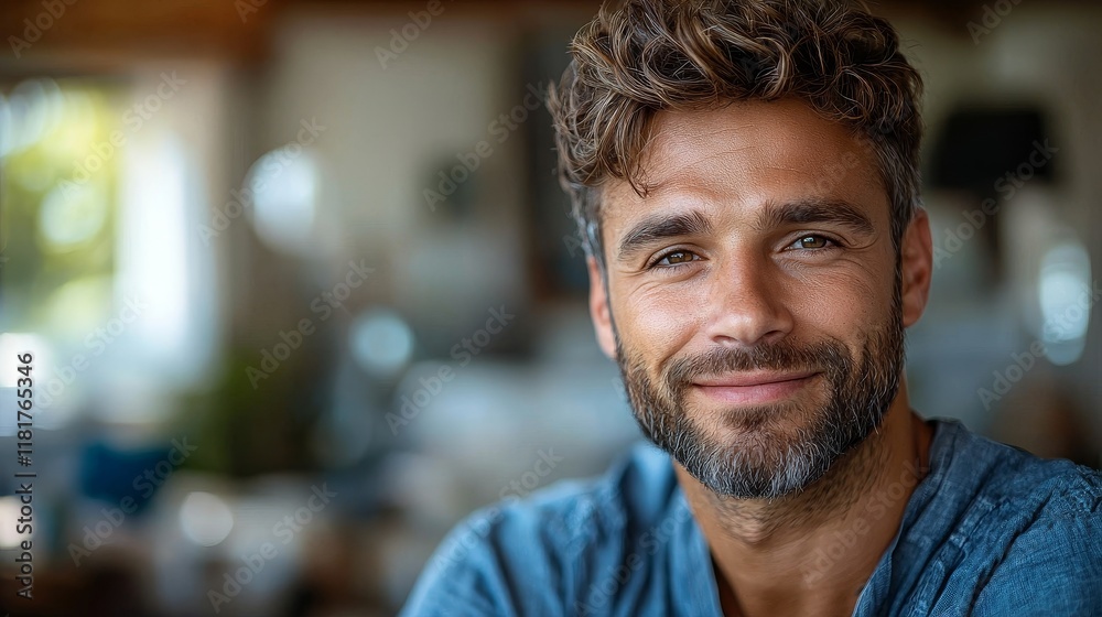 Smiling man with curly hair and beard showcases a warm, approachable demeanor in a cozy indoor setting Smiling man with curly hair and beard showcases a warm, approachable demeanor in a cozy indoor setting