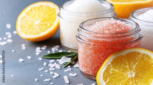 three jars of salt with oranges and slices of lemon photo