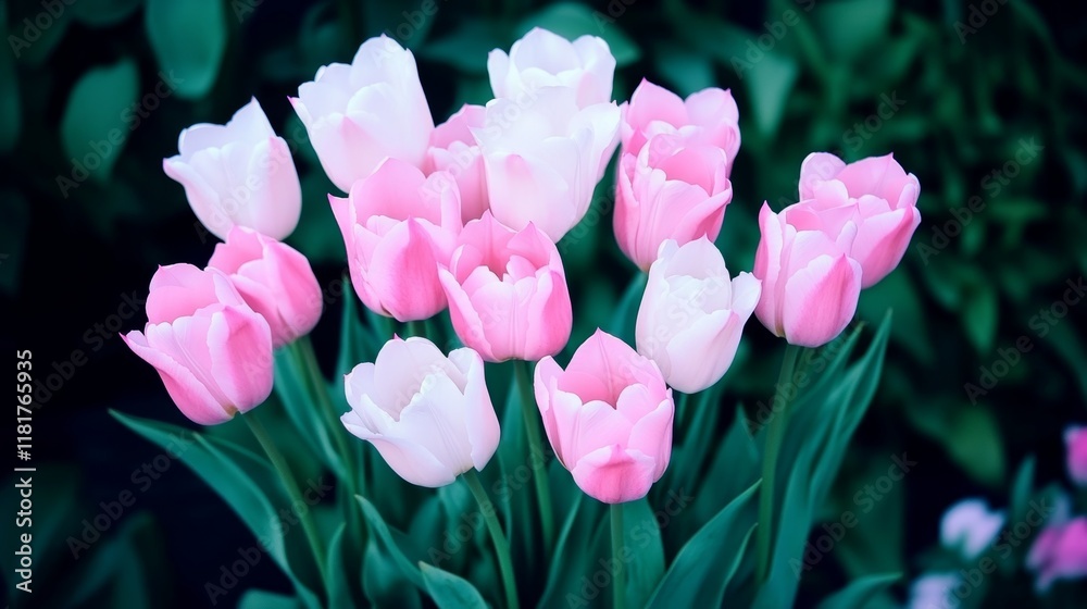 Fototapeta premium Delicate Pink and White Tulips in Bloom