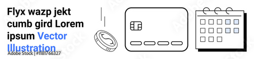 Credit card, falling coin, and calendar symbolize financial planning and transaction management. Ideal for budget organization, financial analytics, payment scheduling, economic studies, cashless