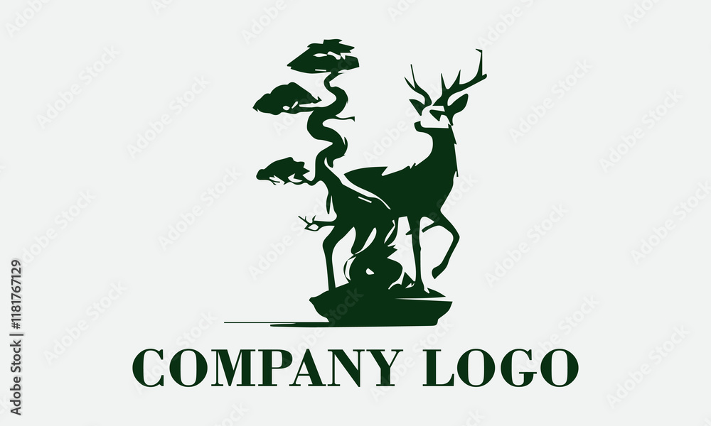 Green deer and dark bonsai tree create a mystical scene. background illustration vector, Perfect for nature lovers or anyone seeking a calming aesthetic