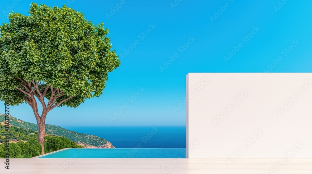 Obraz premium Tranquil Poolside View with Lush Tree and Clear Blue Sky