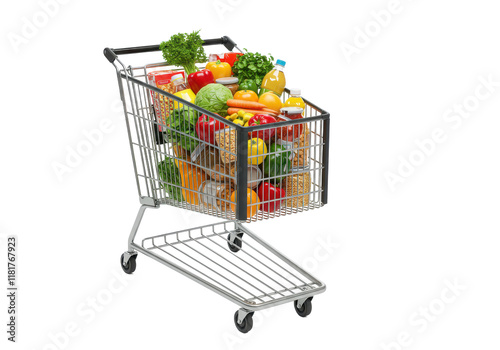 Shopping cart with food products, isolated on white background, no depth of field, sharp photo