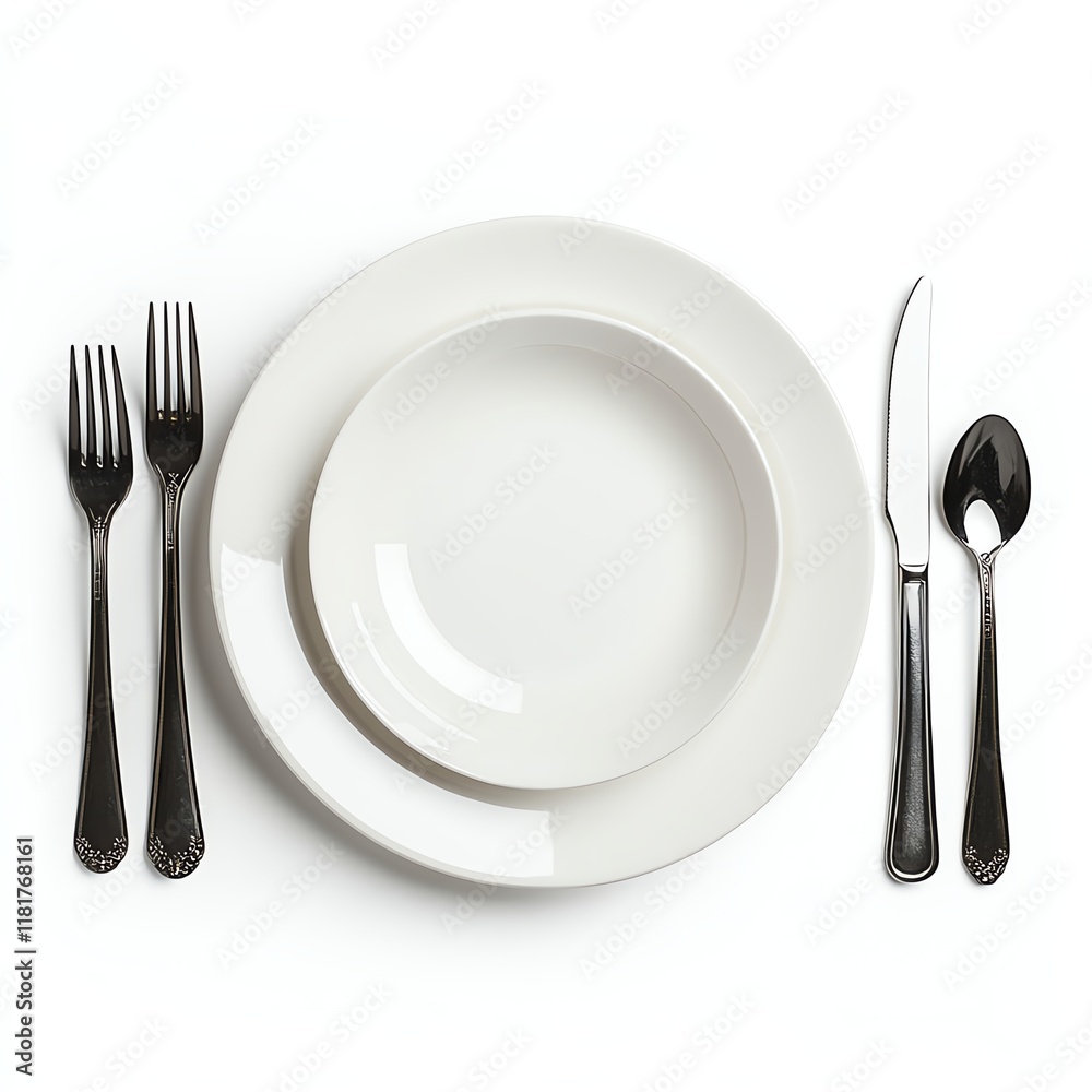 Elegant white dinnerware set with silver cutlery on white isolate background Elegant white dinnerware set with silver cutlery on white isolate background