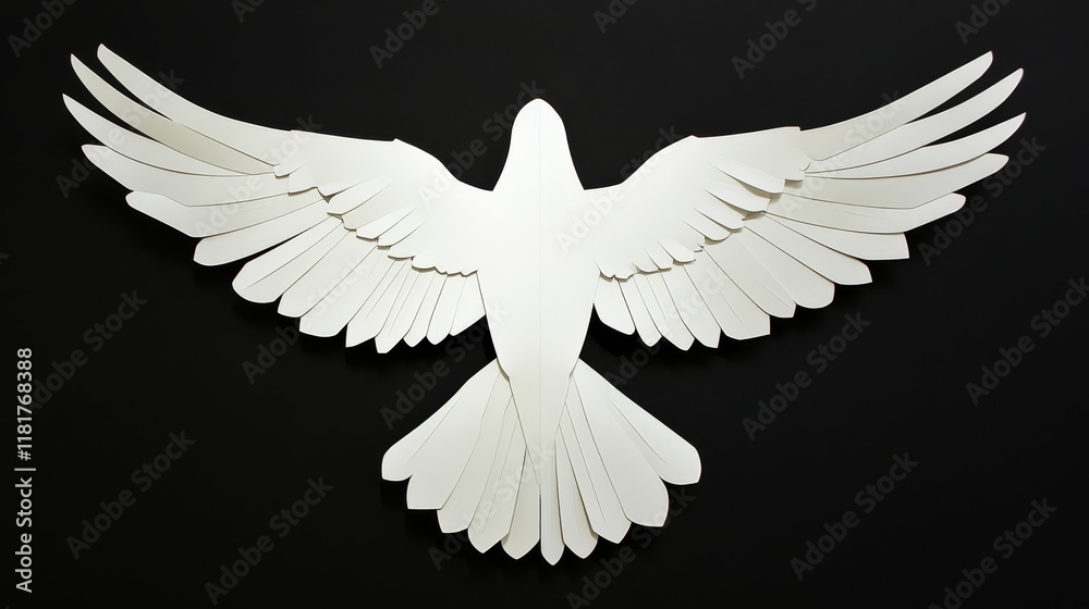Fototapeta premium White Bird in Flight Silhouette, Black Background, Abstract Design