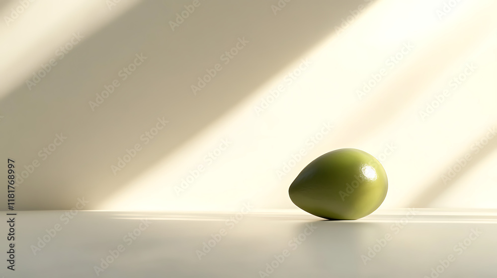 Fototapeta premium A solitary green pear rests on a surface, illuminated by soft light and shadows.