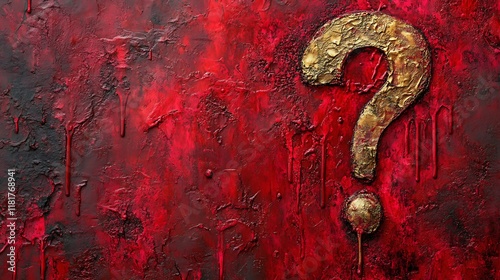 Golden question mark on red textured background.