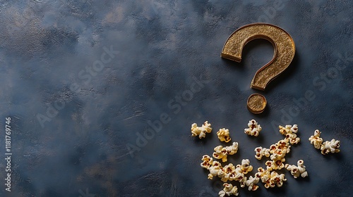 Golden question mark with popcorn on dark background.