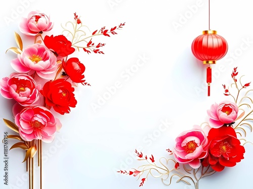 Chinese new year background. Festive background. Elegant Chinese New Year design. Red peonies, gold accents, hanging lantern. 