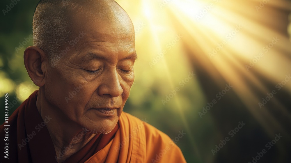 Meditating monk surrounded by nature experiences morning light in peaceful contemplation of life and existence Meditating monk surrounded by nature experiences morning light in peaceful contemplation of life and existence