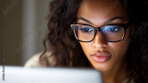 Focused Woman Working Late at Night on Laptop