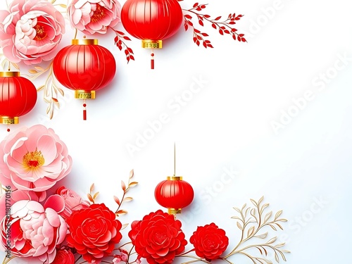 Chinese new year background. Festive background. Elegant Chinese New Year design. Red peonies, gold accents, hanging lantern. 