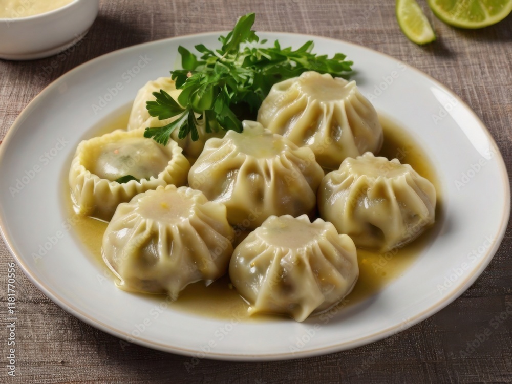 Juicy handmade Asian dumplings, dim sum with spinach leaves on a white plate on the table top Juicy handmade Asian dumplings, dim sum with spinach leaves on a white plate on the table top