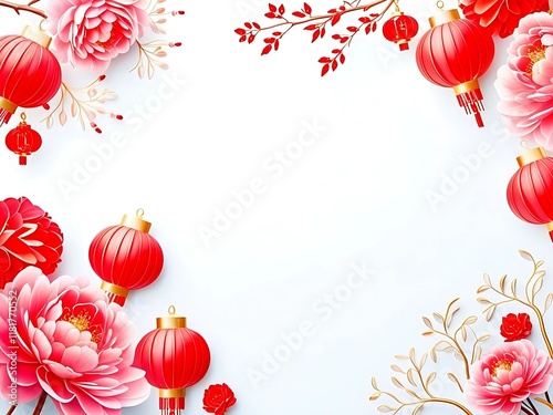 Chinese new year background. Festive background. Elegant Chinese New Year design. Red peonies, gold accents, hanging lantern. 