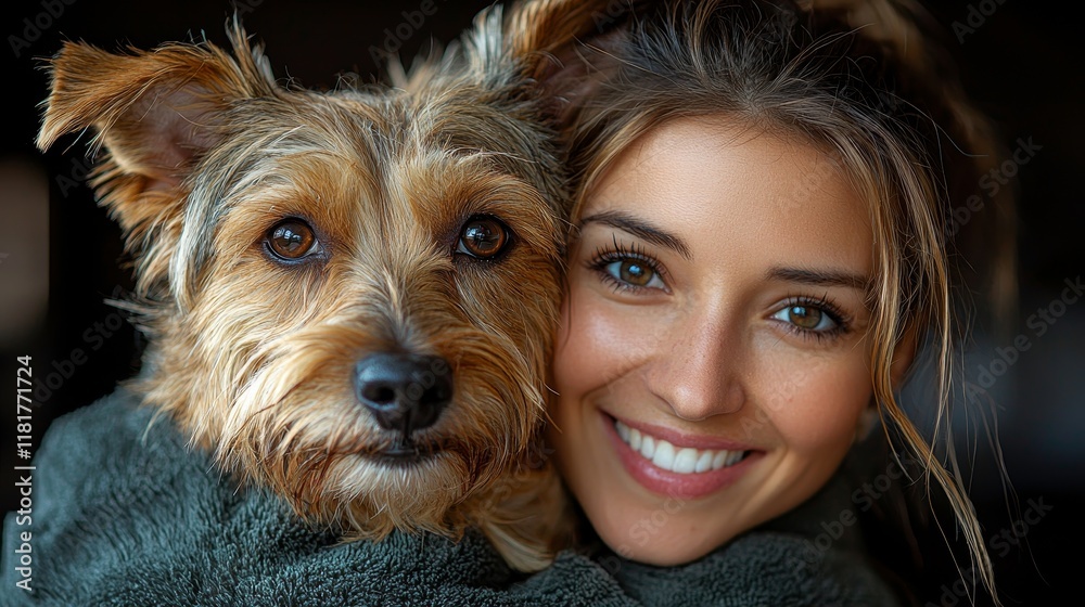 Joyful woman and her adorable dog share a warm embrace in a cozy indoor setting radiating love and companionship Joyful woman and her adorable dog share a warm embrace in a cozy indoor setting radiating love and companionship