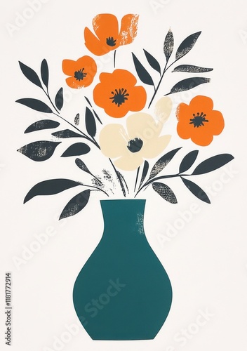 Bright floral arrangement in a teal vase with orange and white blooms against a light background showcasing a cheerful aesthetic