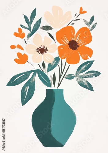 Brightly colored floral arrangement with vibrant orange and cream flowers in a teal vase on a light background during springtime