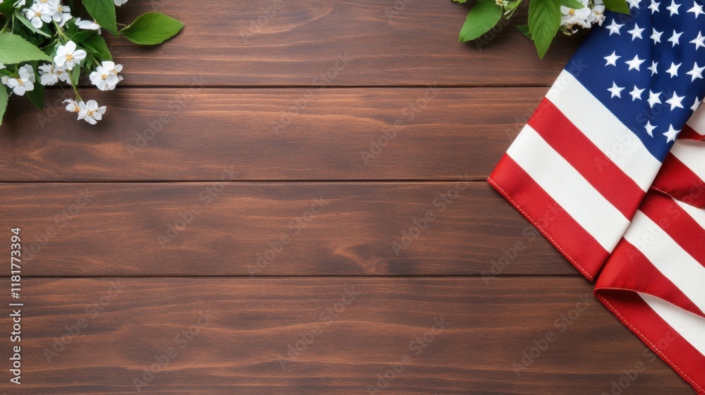 Obraz premium Rustic Wooden Surface with American Flag and White Flowers for Celebrating Independence Day or Memorial Day