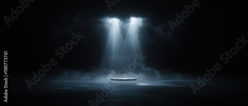 A dark room with a light shining on a small object