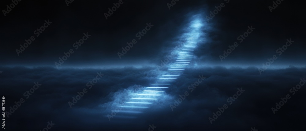 Obraz premium A staircase is shown in the dark sky with a blue light
