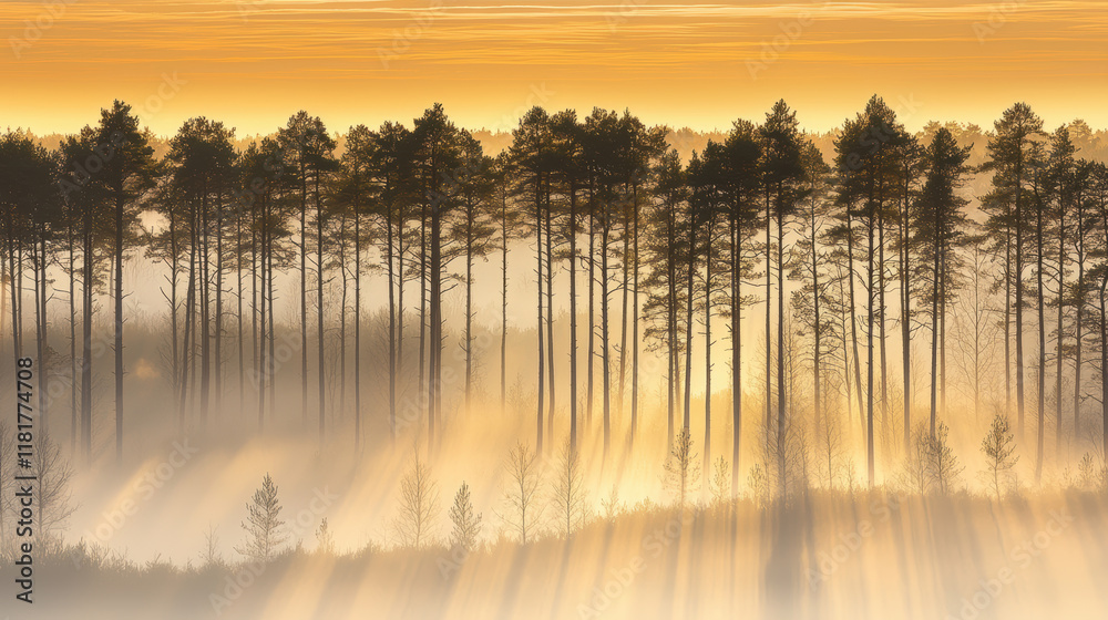 Obraz premium Foggy forest at sunrise with tall trees and golden light creating serene atmosphere