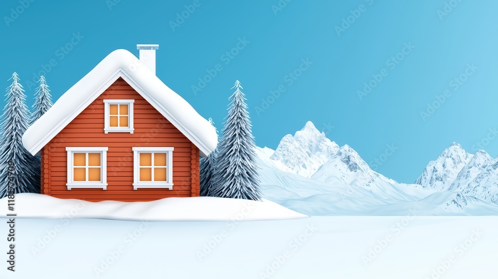 Naklejka premium Cozy Winter Log Cabin Surrounded by Evergreen Trees and Mountains