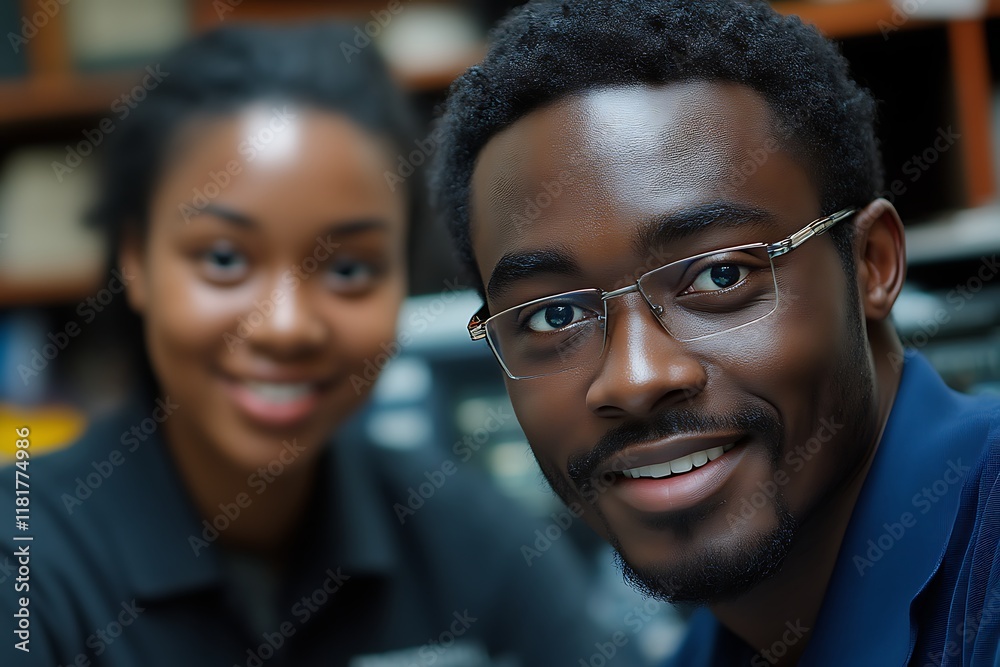 Two smiling students, man in focus. Two smiling students, man in focus.