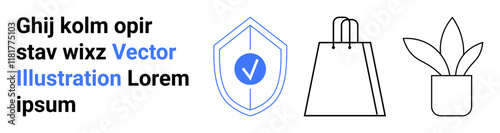 Security checkmark shield icon, simple shopping bag icon, potted plant icon alongside placeholder text in blue and black. Ideal for security software, e-commerce, gardening, lifestyle, minimalism