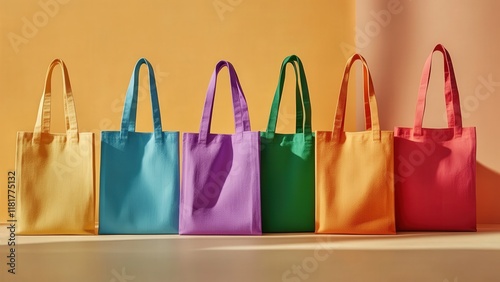 Colorful assortment of reusable fabric tote bags on a pastel background