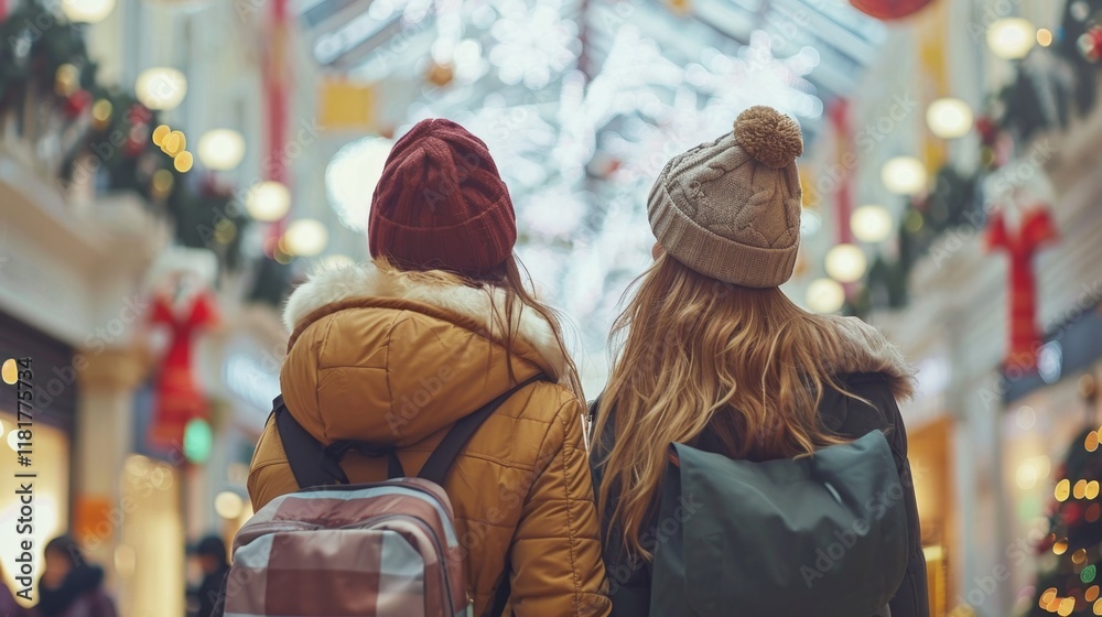 Fototapeta premium Two friends stroll through a vibrant shopping area adorned with holiday decorations, enjoying the festive atmosphere while wearing warm winter clothing and backpacks.
