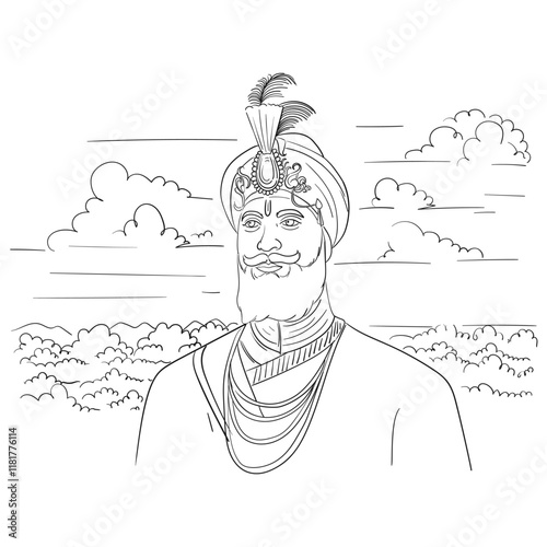 Happy Guru Gobind Singh Jayanti social media Post. Birthday Celebration of Sikh Guru and Warrior Guru Gobind Singh sketch.