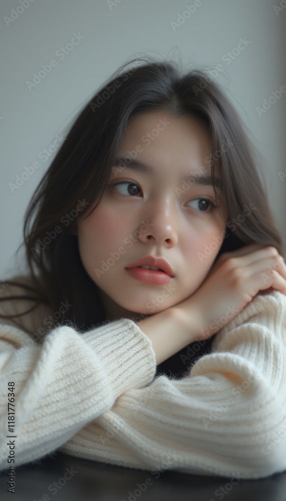 A serene young woman with long, dark hair rests her chin on her hands, lost in thought. The soft lighting highlights her delicate features, creating an intimate atmosphere that invites reflection and A serene young woman with long, dark hair rests her chin on her hands, lost in thought. The soft lighting highlights her delicate features, creating an intimate atmosphere that invites reflection and