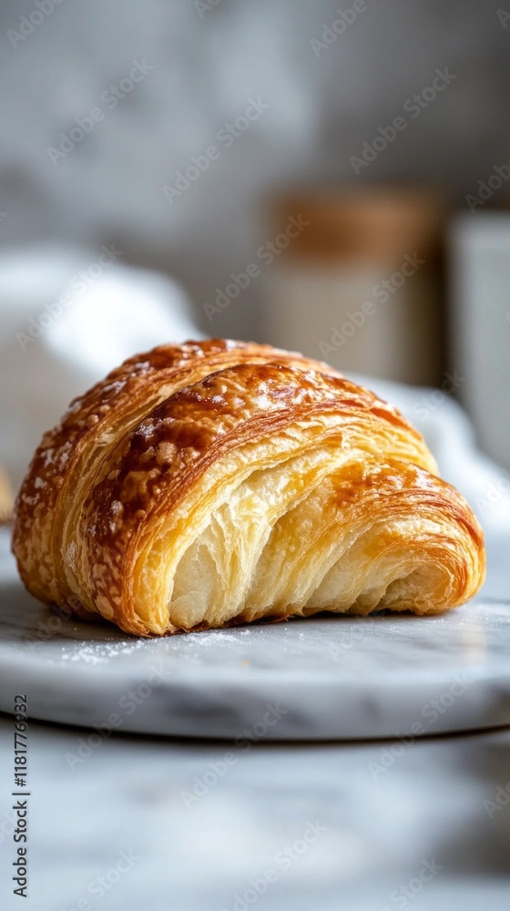A freshly baked croissant, golden brown and flaky, sits on a marble surface. The warm kitchen invites the aromas of baking, promising a delightful breakfast A freshly baked croissant, golden brown and flaky, sits on a marble surface. The warm kitchen invites the aromas of baking, promising a delightful breakfast