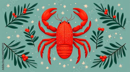 vibrant red crab surrounded by festive greenery and stars, evoking holiday cheer photo