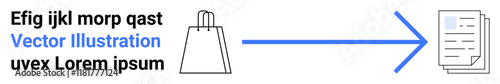Shopping bag connected to stack of documents through blue arrow. Ideal for e-commerce, logistics, payment processing, inventory management, online shopping, transaction confirmation, digital