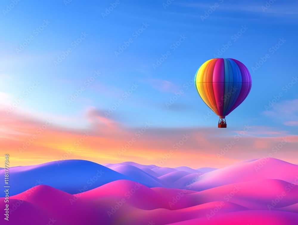 Fototapeta premium Romantic hot air balloon ride, colorful sunrise, scenic landscape, 3D illustration