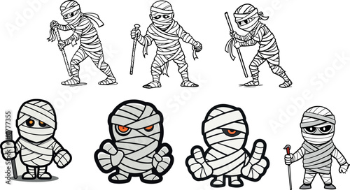 Collection of cartoon mummies holding sticks and striking poses