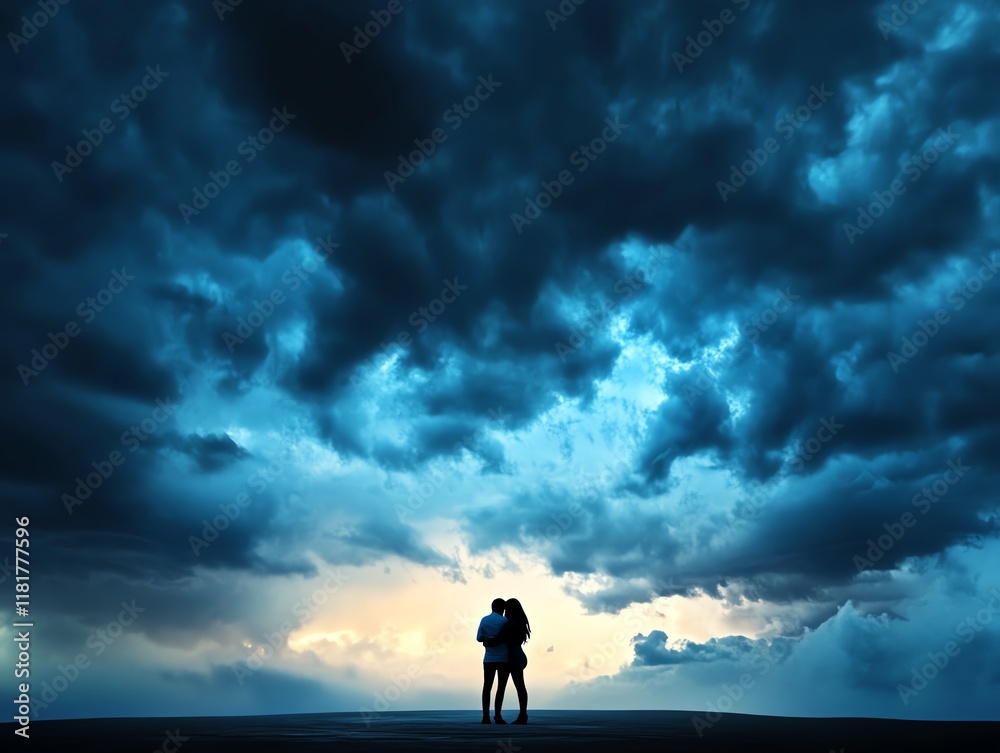 Passionate hug during a thunderstorm, dramatic cloudy sky, 3D illustration Passionate hug during a thunderstorm, dramatic cloudy sky, 3D illustration