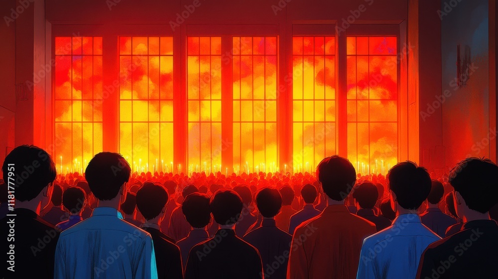 Crowd Watching Fiery Scene with Dramatic Lighting and Tension Crowd Watching Fiery Scene with Dramatic Lighting and Tension